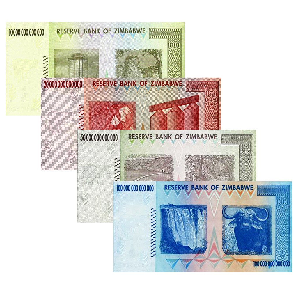 The Trillion Set - Uncirculated - 100, 50, 20 and 10 Trillion Zimbabwe  Banknotes 2008 AA Series