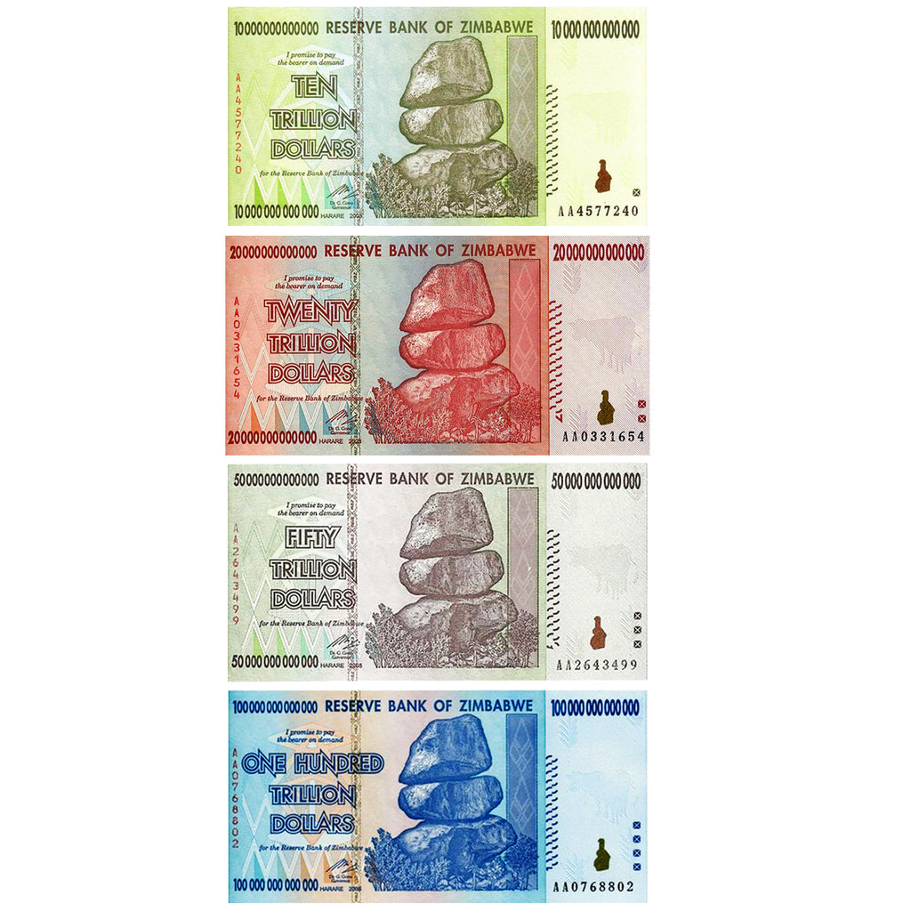 The Trillion Set - Uncirculated - 100, 50, 20 and 10 Trillion Zimbabwe  Banknotes 2008 AA Series