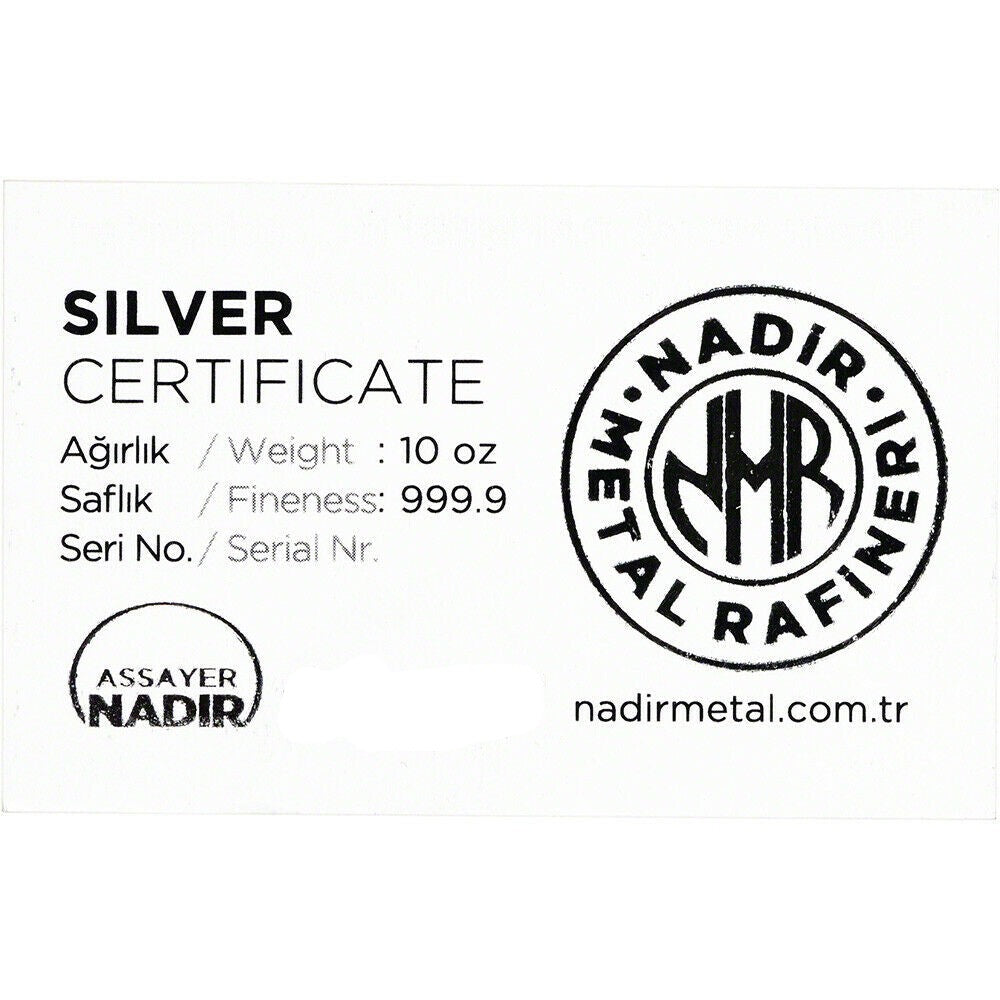 10 Ounce Nadir Metals Rafineri .9999 Silver Cast Bar with COA