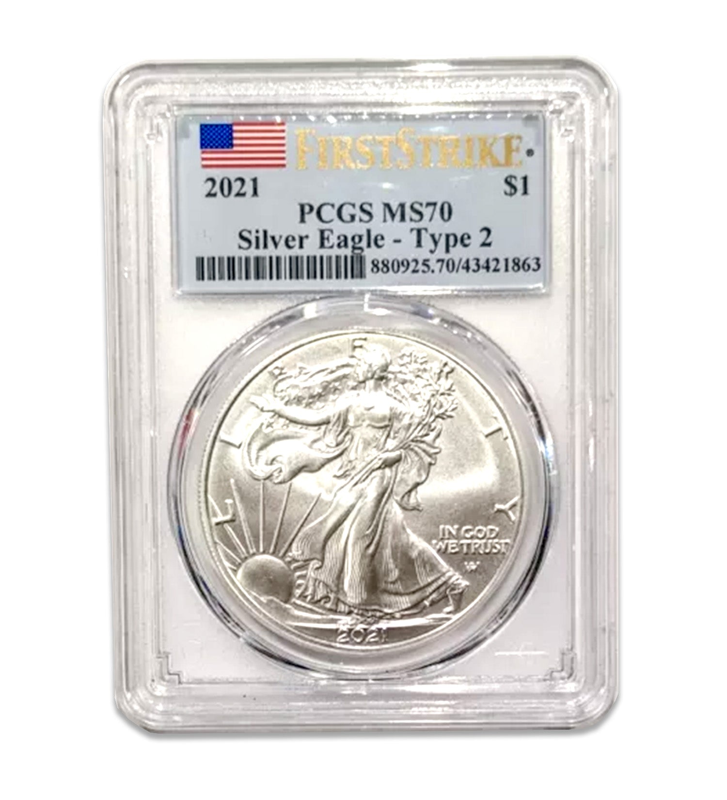 2021 $1 American Silver Eagle FIRST STRIKE MS-70 PCGS TYPE 2