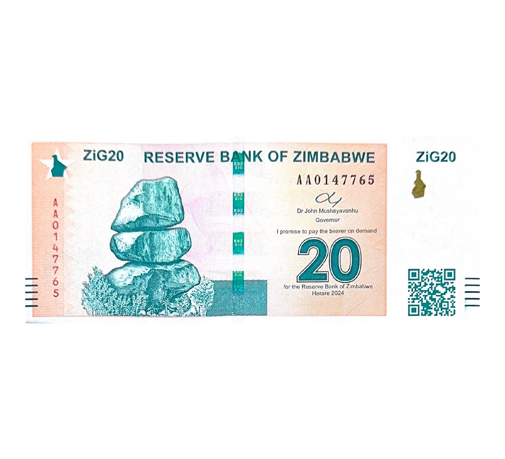 Zimbabwe $20 Zig 2024 P New Gold Backed* Uncirculated With QR Code