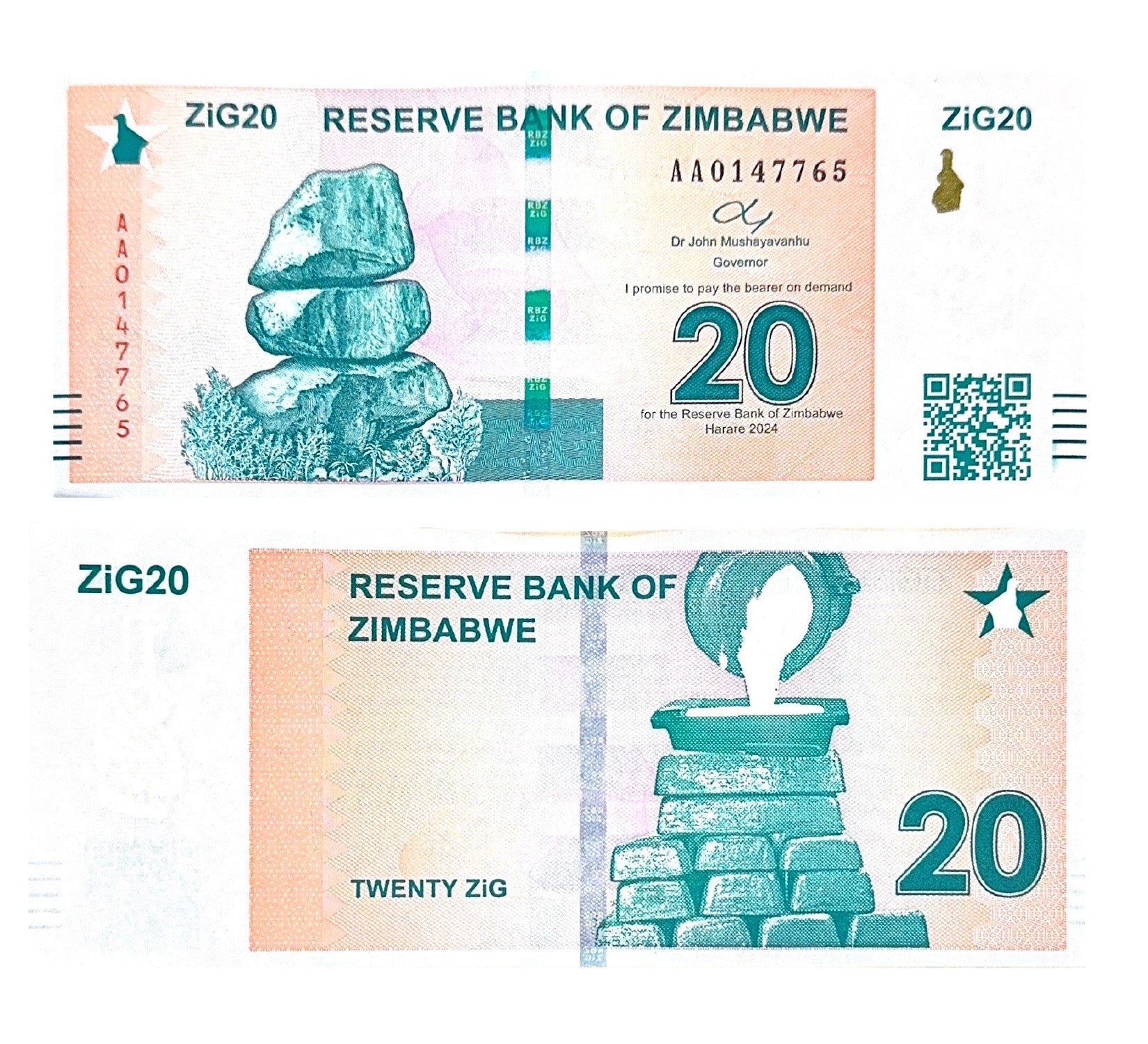 Zimbabwe $20 Zig 2024 P New Gold Backed* Uncirculated With QR Code