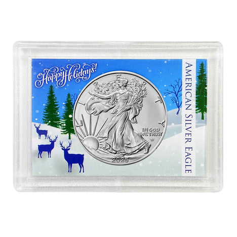 2025 $1 American Silver Eagle HE Harris Holder - Happy Holidays Deer In Snow Design