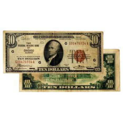 $10 1929 Federal Reserve Note F+ - Depression Era Currency