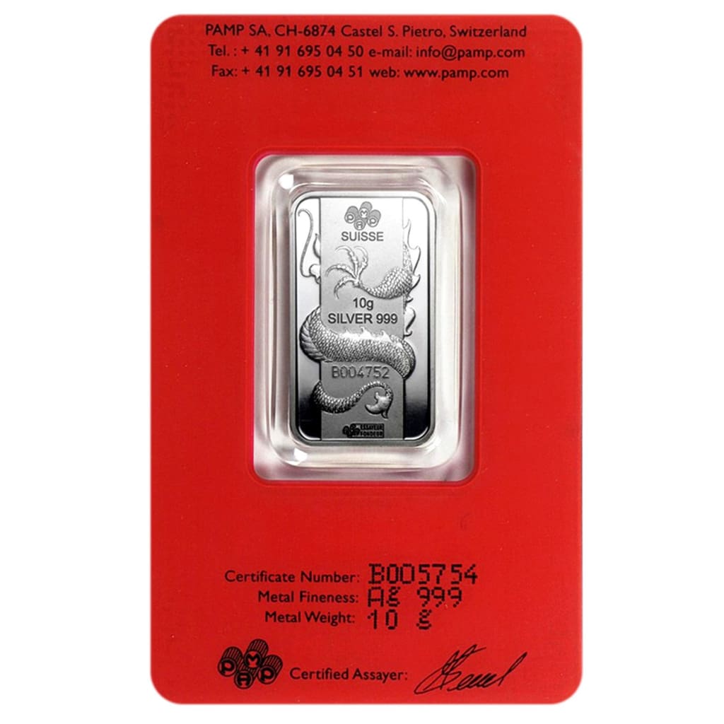 10 Gram .999 Fine Silver Bar - Pamp Suisse - Year of the Dragon 2012 - Lunar Series