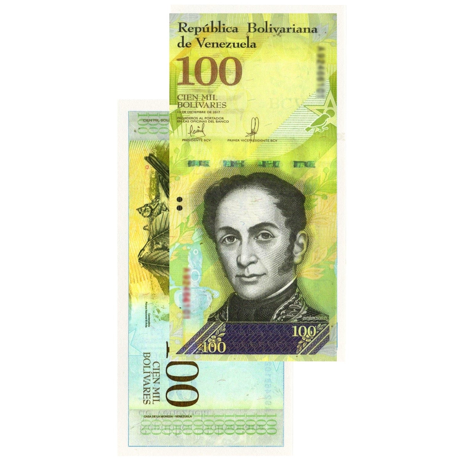 100,000 Bolivars Dated 2017 UNC Obv.Rev