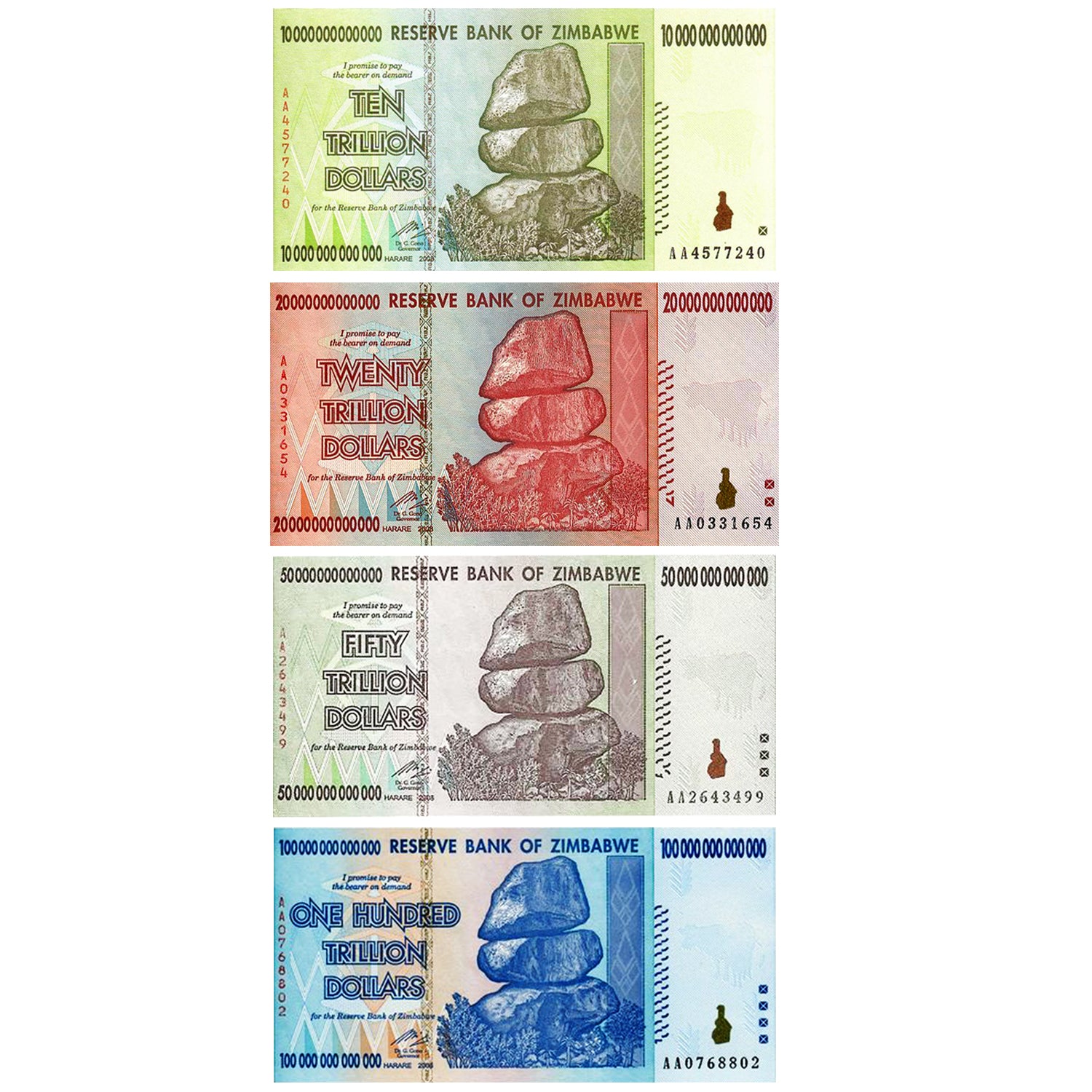 The Trillion Set - Uncirculated - 100, 50, 20 and 10 Trillion Zimbabwe Banknotes 2008 AA Series