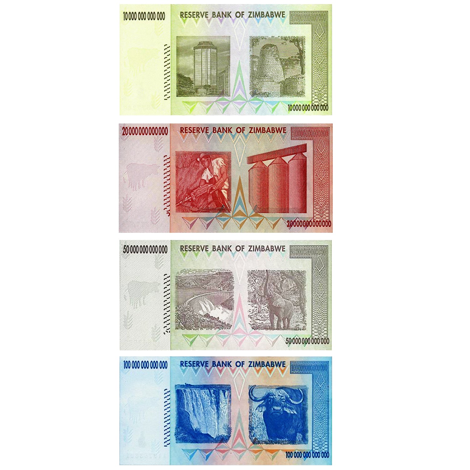 The Trillion Set - Uncirculated - 100, 50, 20 and 10 Trillion Zimbabwe Banknotes 2008 AA Series