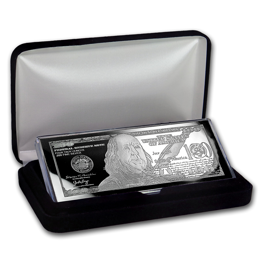 4 Ounce oz .999 Silver Bar - $100 Franklin Bill Design - Includes Display Box