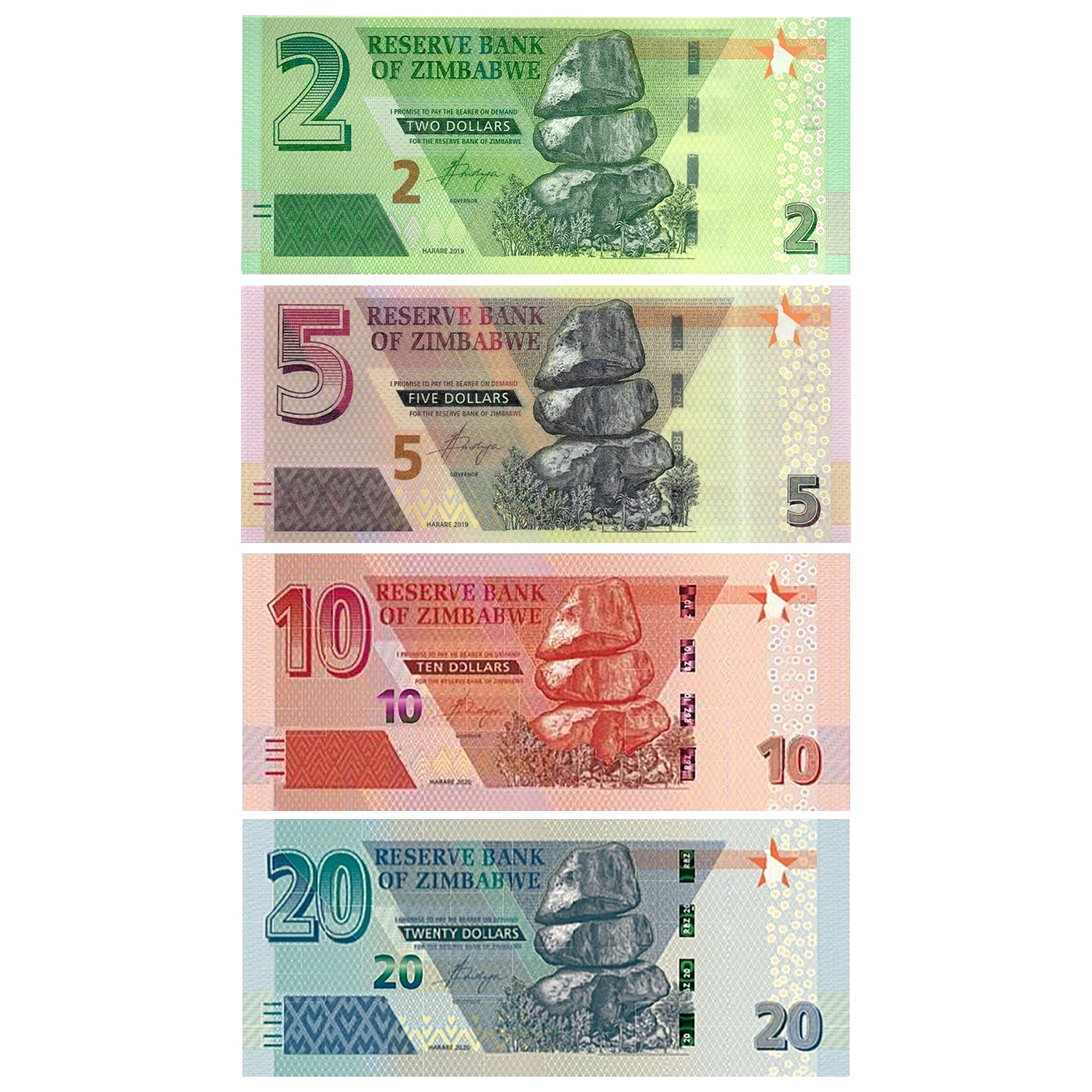 NEW Zimbabwe Dollars - $2, $5, $10, $20 Zimbabwe Banknotes 2019 2020 Uncirculated Bundle