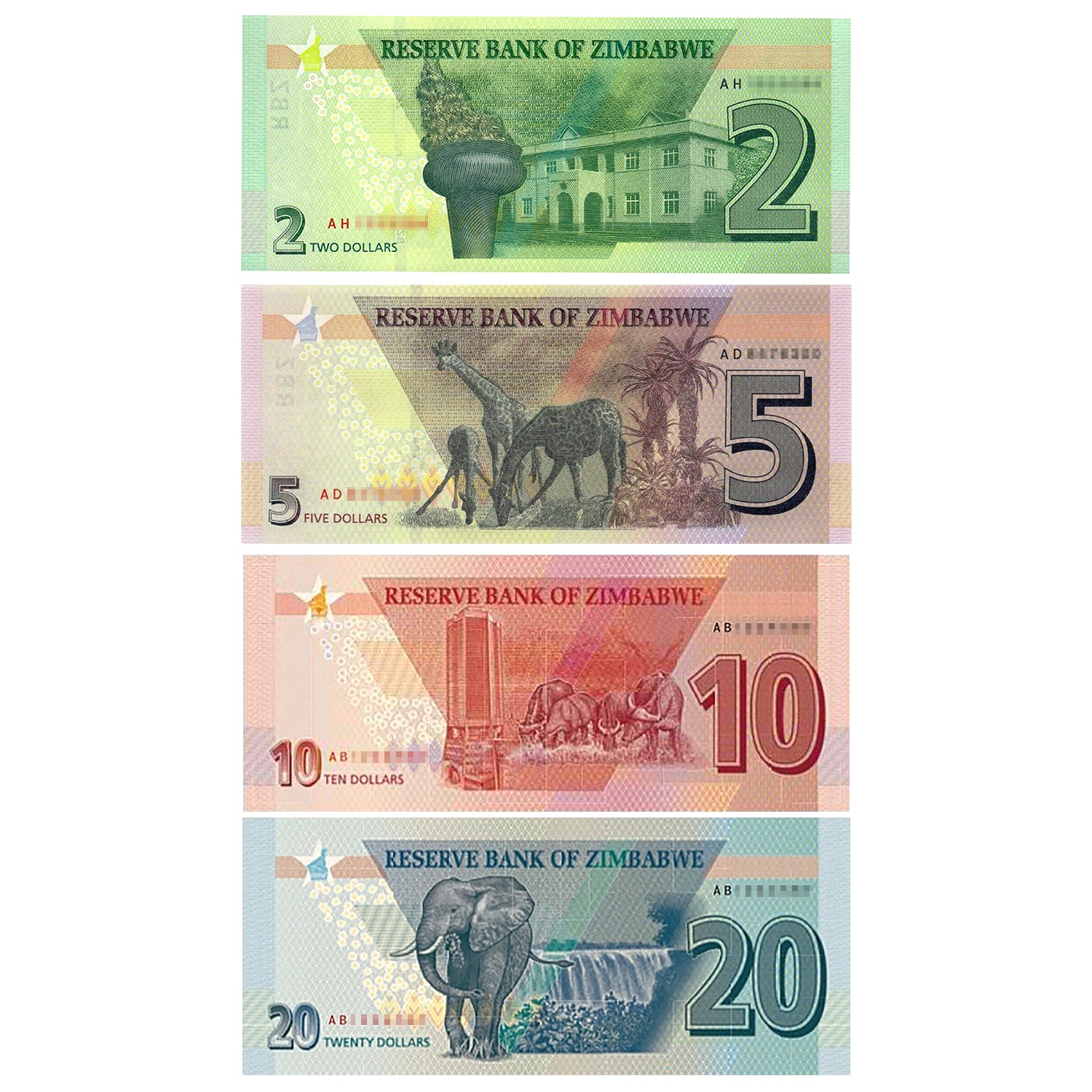 NEW Zimbabwe Dollars - $2, $5, $10, $20 Zimbabwe Banknotes 2019 2020 Uncirculated Bundle