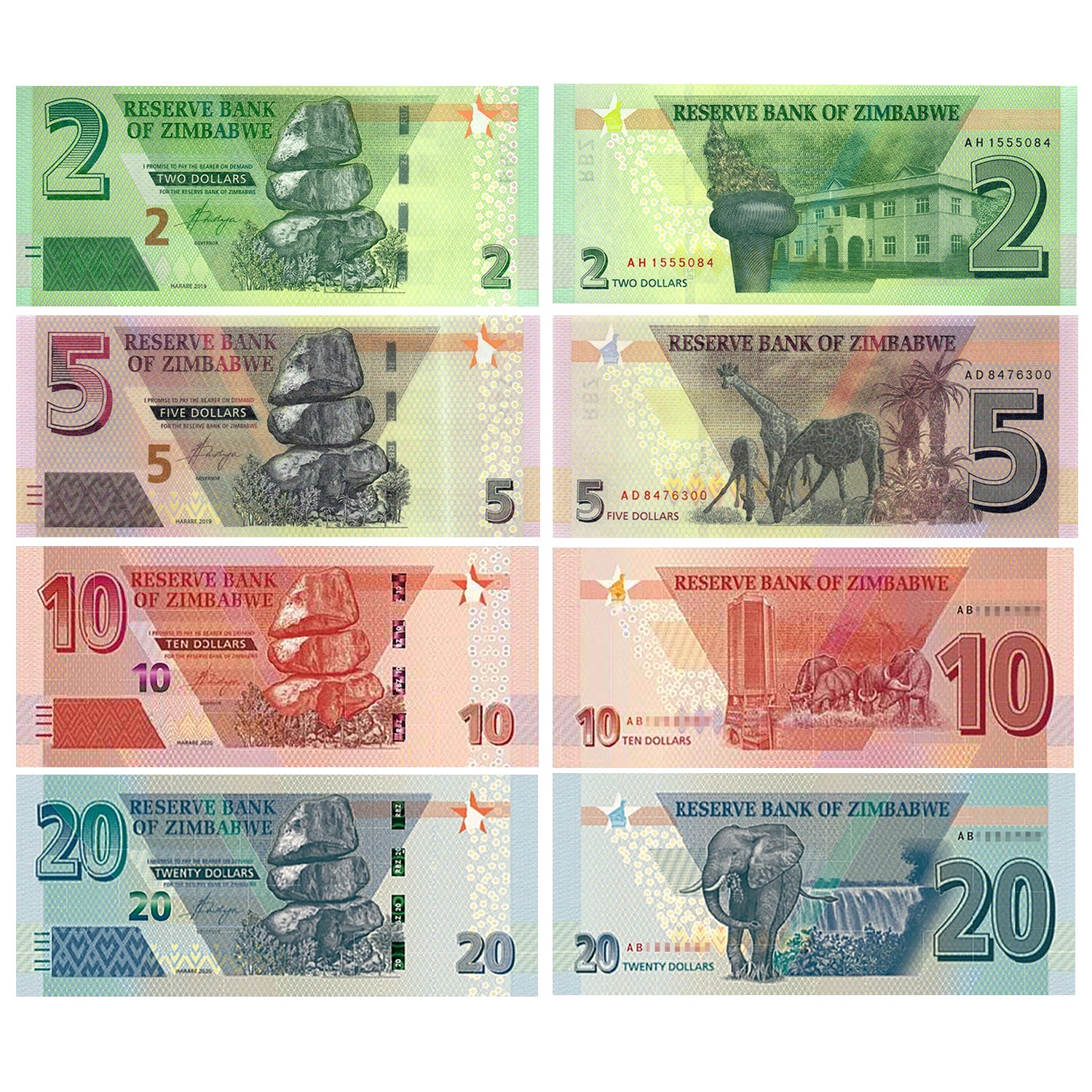 NEW Zimbabwe Dollars - $2, $5, $10, $20 Zimbabwe Banknotes 2019 2020 Uncirculated Bundle