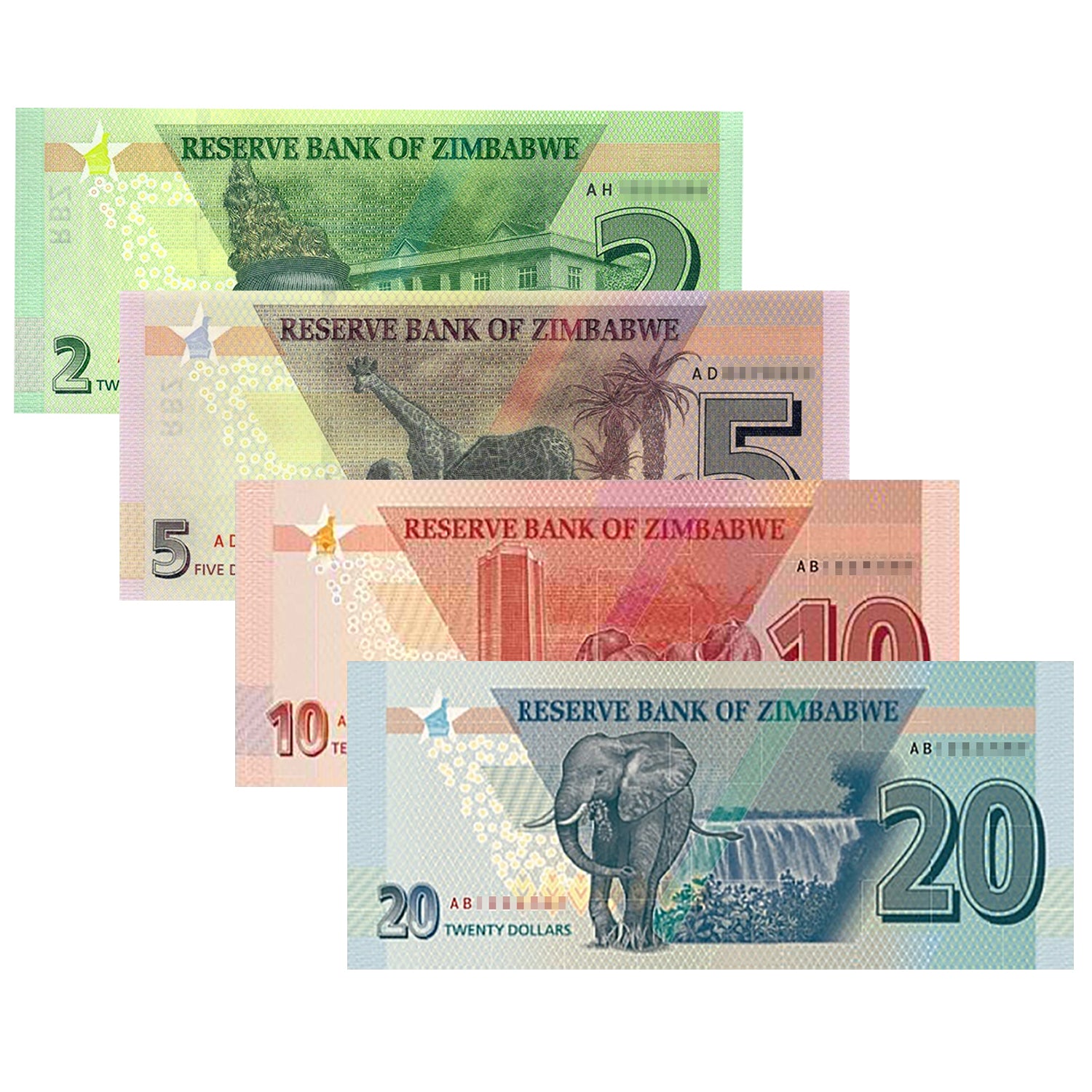 NEW Zimbabwe Dollars - $2, $5, $10, $20 Zimbabwe Banknotes 2019 2020 Uncirculated Bundle