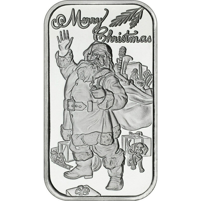 1 Ounce Silvertowne Mint .999 Silver Bar Merry Christmas Santa with Gifts