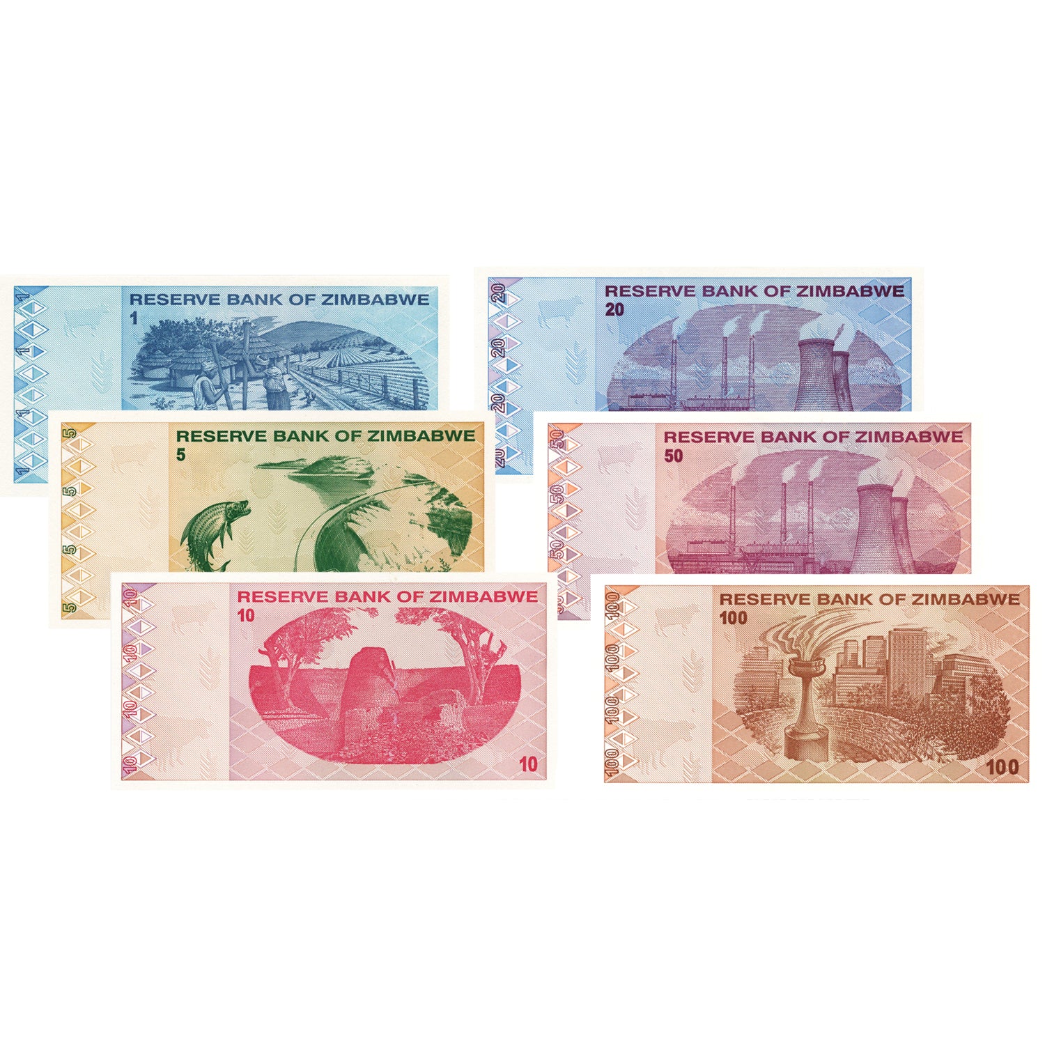 Complete Set of Low Denomination 2009 Zimbabwe Banknotes $1 | $5 | $10 | $20 | $50 | $100