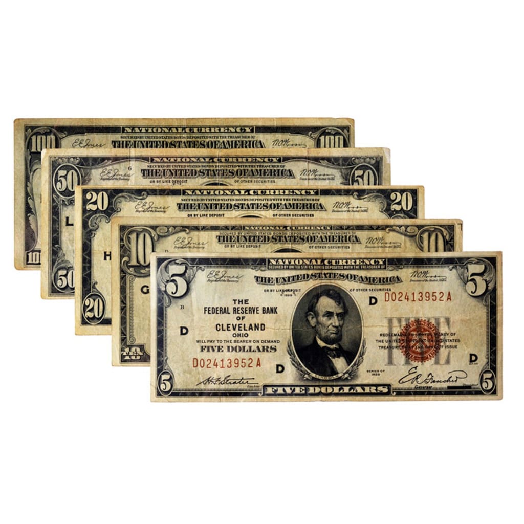 Complete Set - 1929 Federal Reserve Notes $5 $10 $20 $50 $100 F+