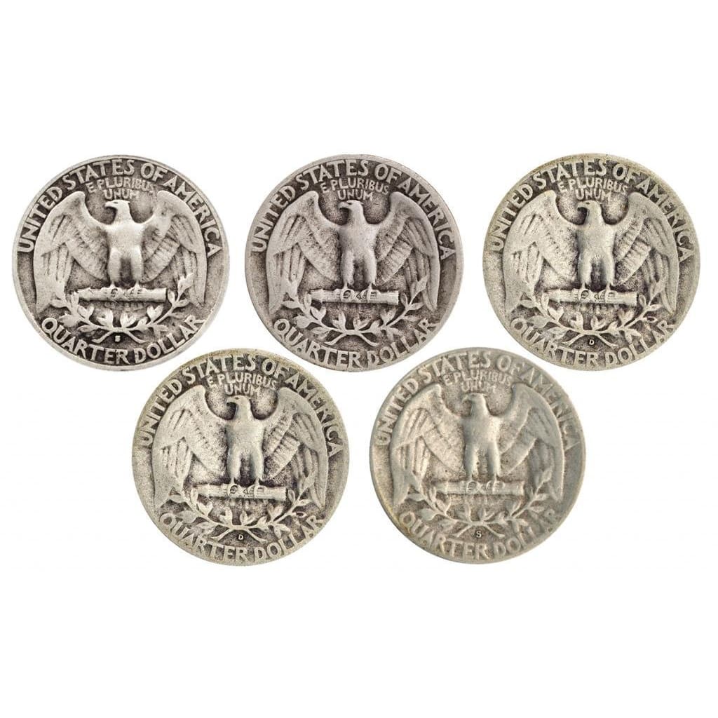 Count of 5 - 90% Silver Washington Quarters Fine