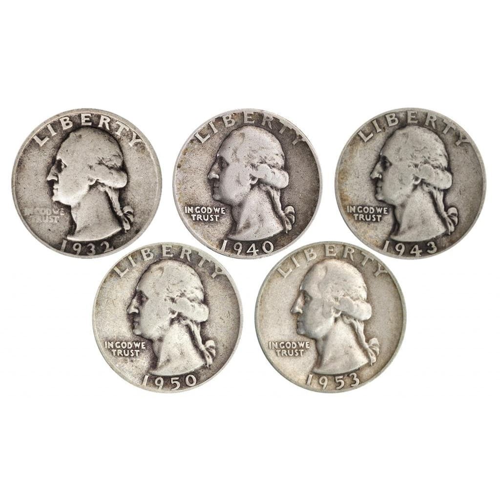 Count of 5 - 90% Silver Washington Quarters Fine