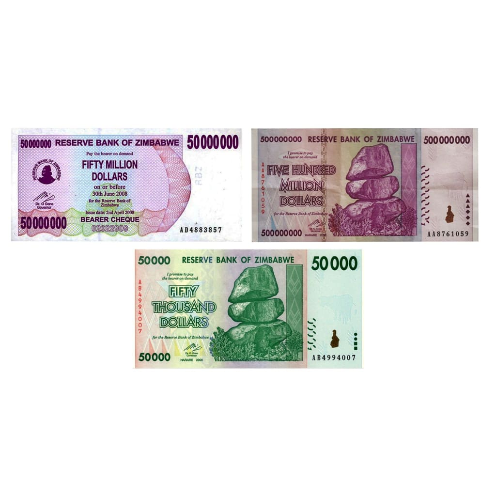 Zimbabwe Secret Sale - 2x 500 Million (circulated) | 2x 50 000 UNC | 2x 50 Million Bearer Cheques UNC